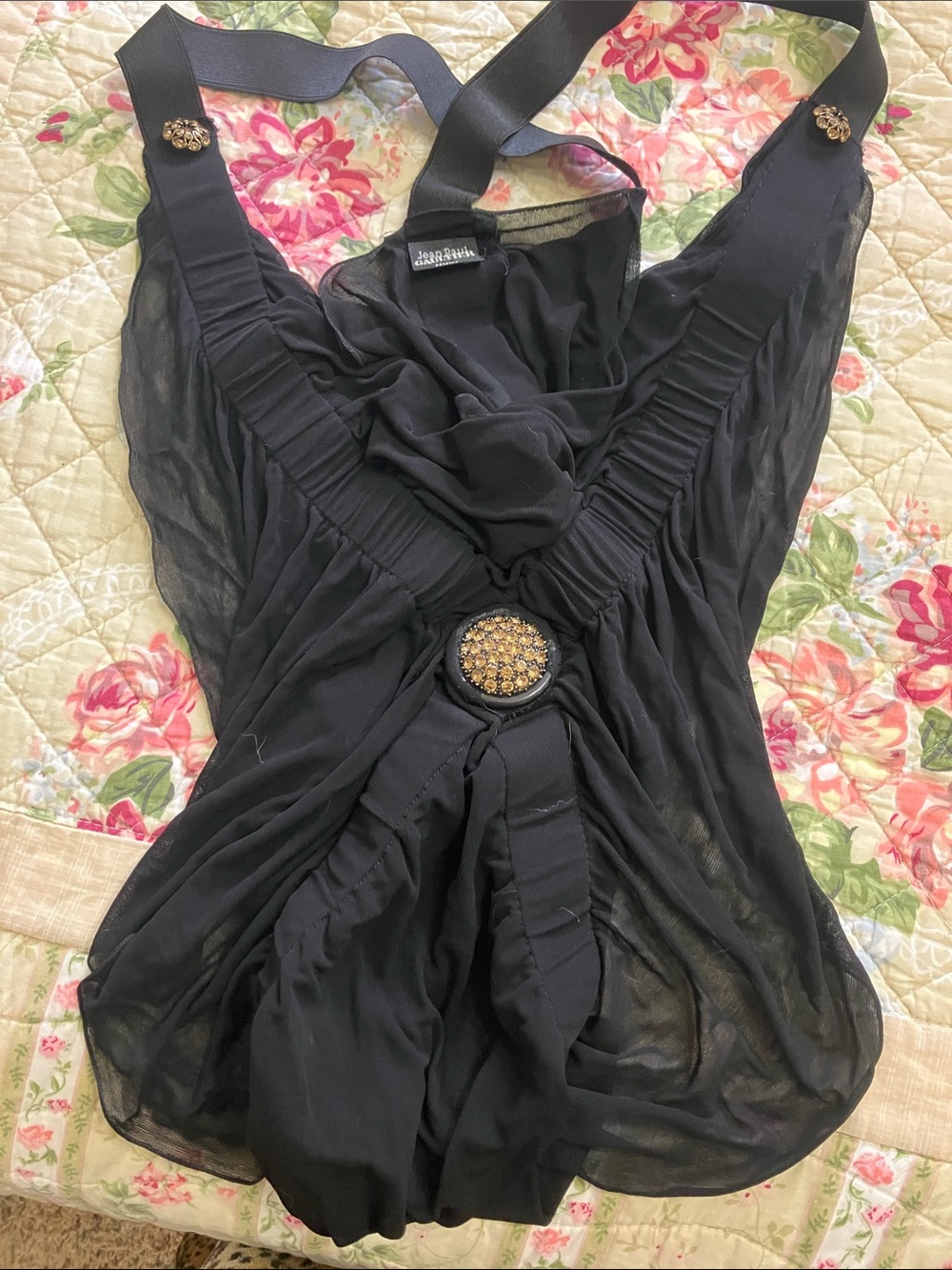 Jean Paul Gaultier Black Sheer Camisole with Gold-Tone Medallion